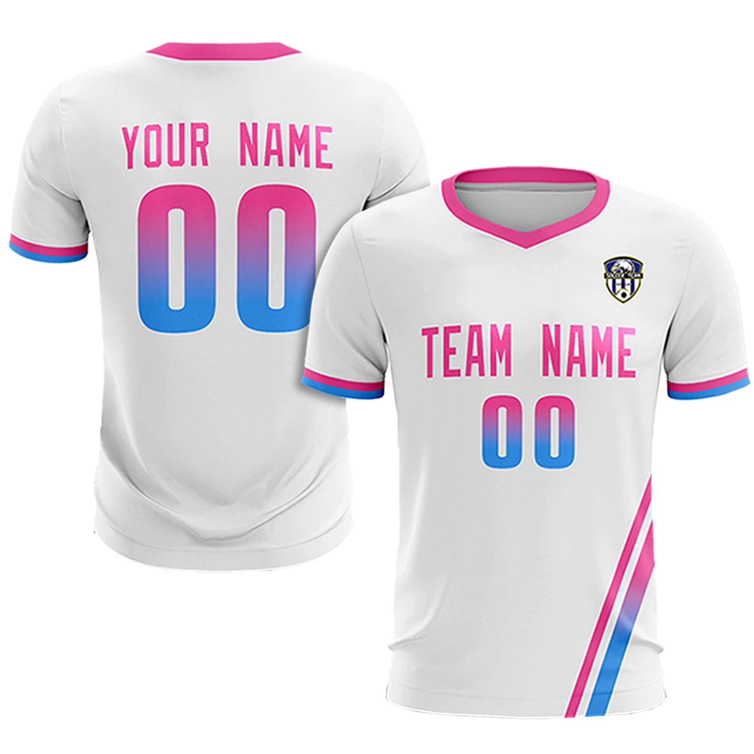 Custom White Pink-Powder Blue Gradient Fashion Sportswear Soccer Sets Jersey