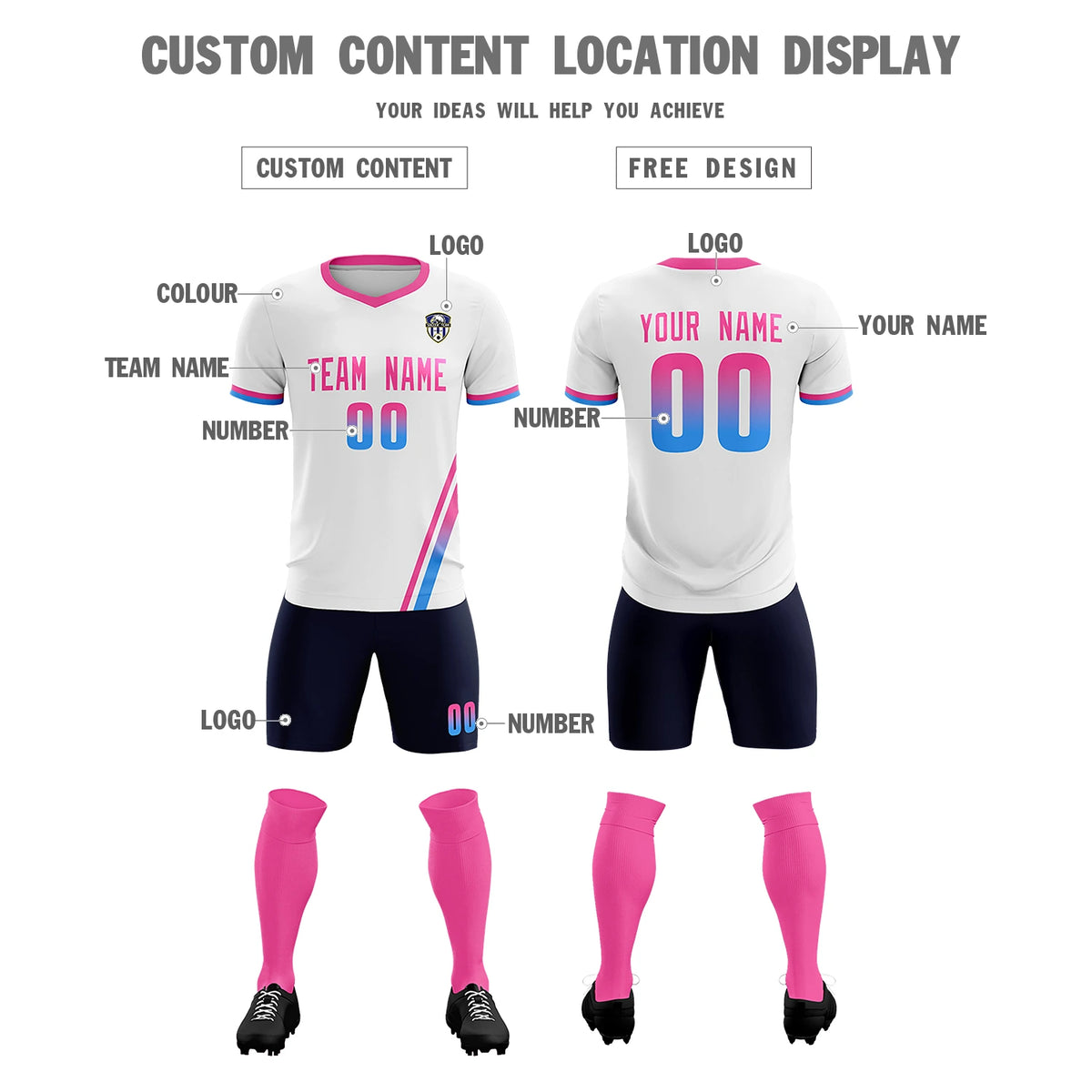 Custom White Pink-Powder Blue Gradient Fashion Sportswear Soccer Sets Jersey
