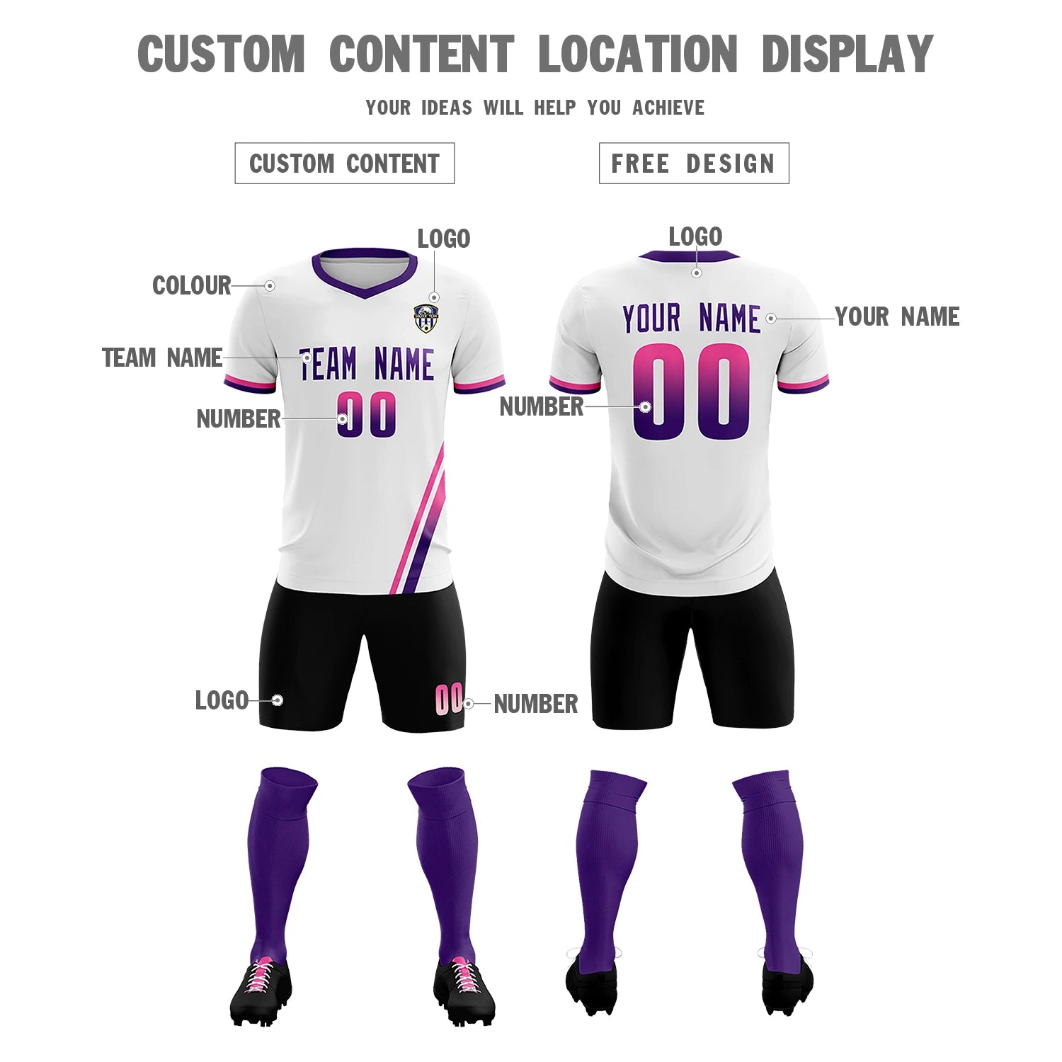 Custom White Pink-Purple Gradient Fashion Sportswear Soccer Sets Jersey