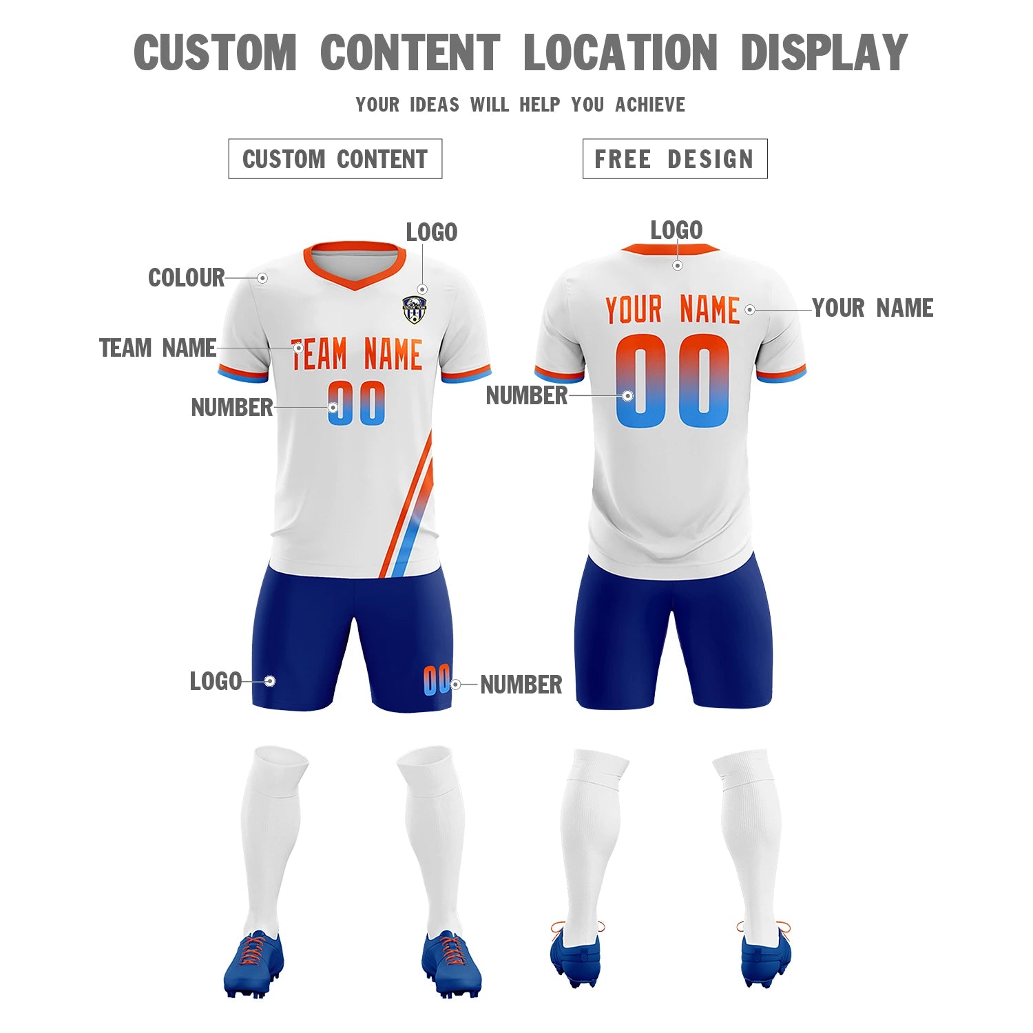 Custom White Orange-Powder Blue Gradient Fashion Sportswear Soccer Sets Jersey