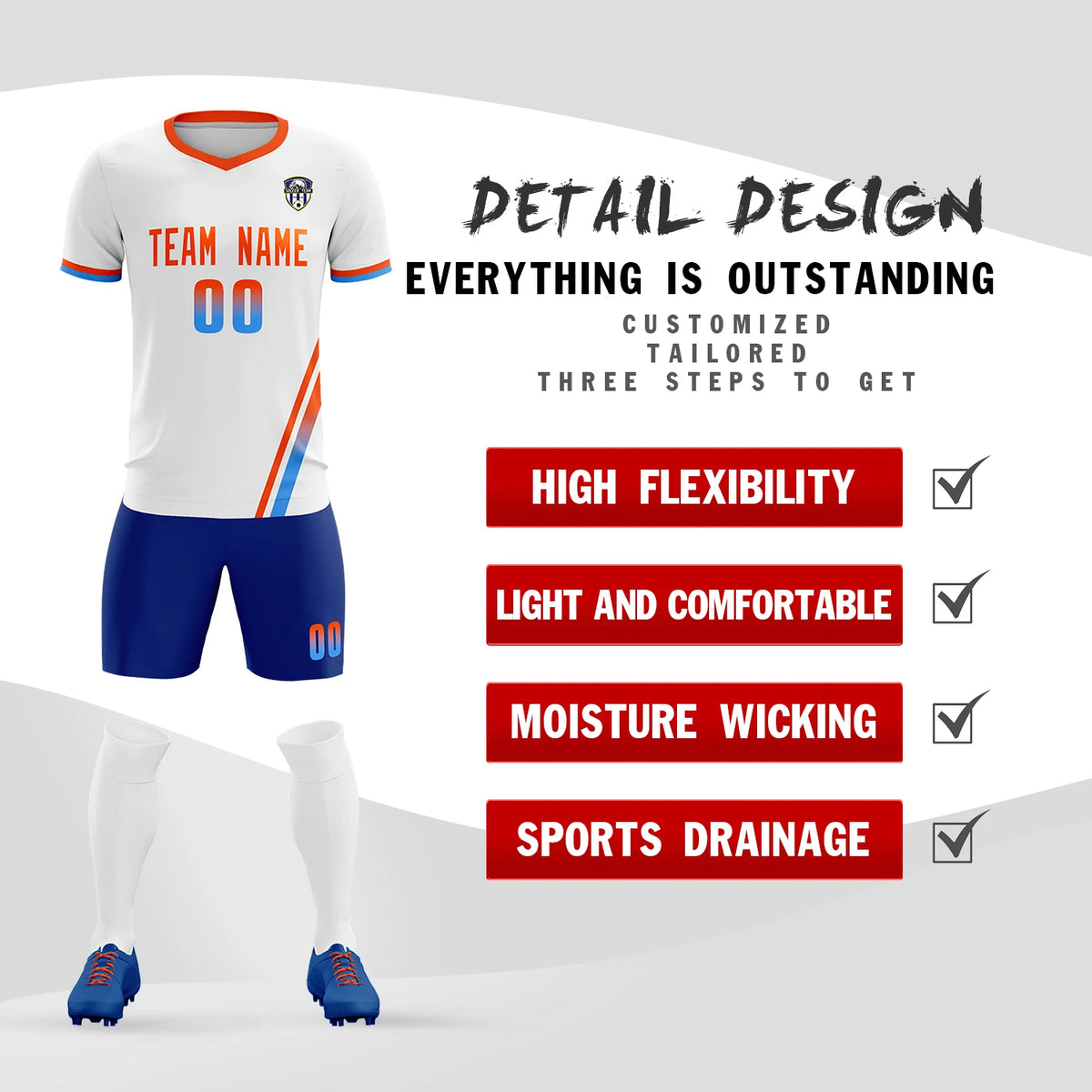 Custom White Orange-Powder Blue Gradient Fashion Sportswear Soccer Sets Jersey