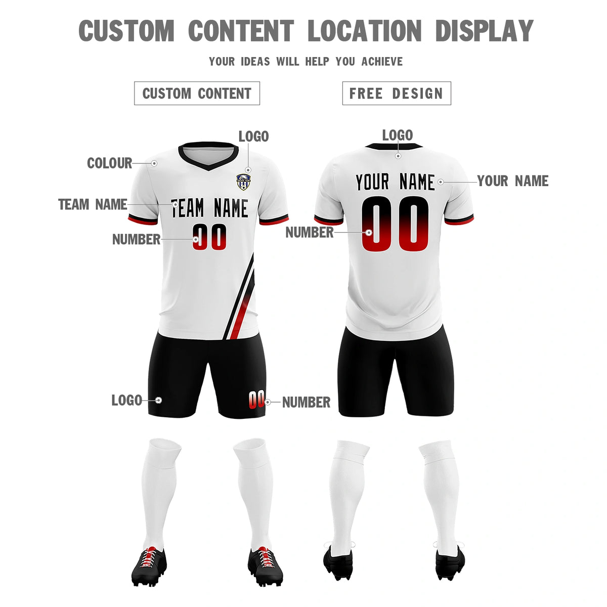 Custom White Black-Red Gradient Fashion Sportswear Soccer Sets Jersey