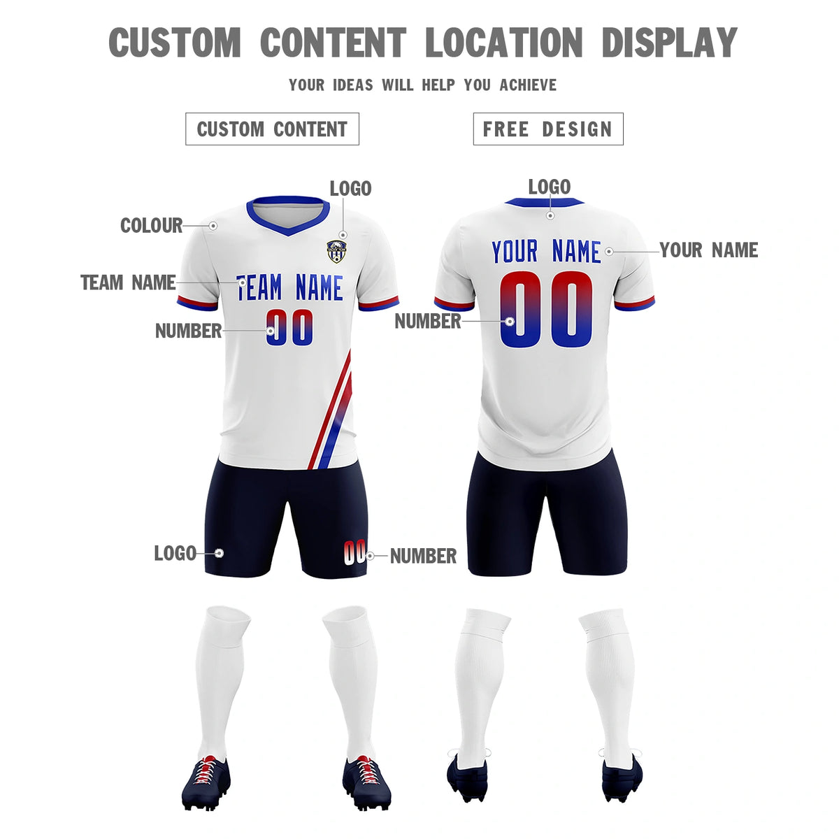 Custom White Red-Royal Blue Gradient Fashion Sportswear Soccer Sets Jersey