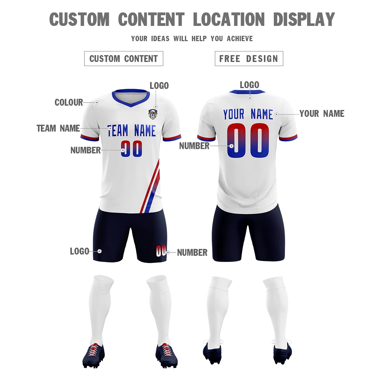 Custom White Red-Royal Blue Gradient Fashion Sportswear Soccer Sets Jersey