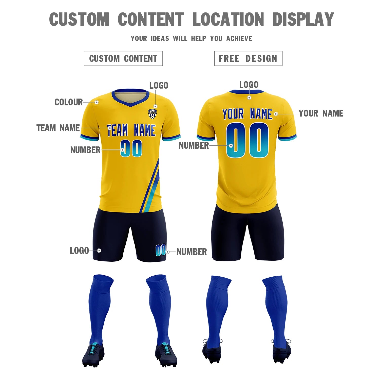 Custom Gold01 Royal Blue-Sky Blue Gradient Fashion Sportswear Soccer Sets Jersey