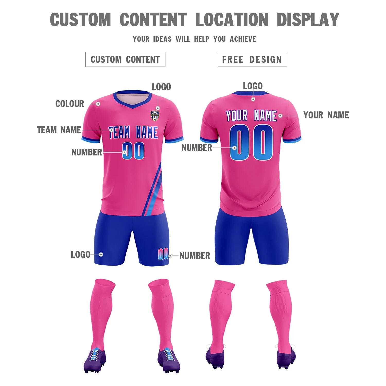 Custom Pink Royal Blue-Powder Blue Gradient Fashion Sportswear Soccer Sets Jersey