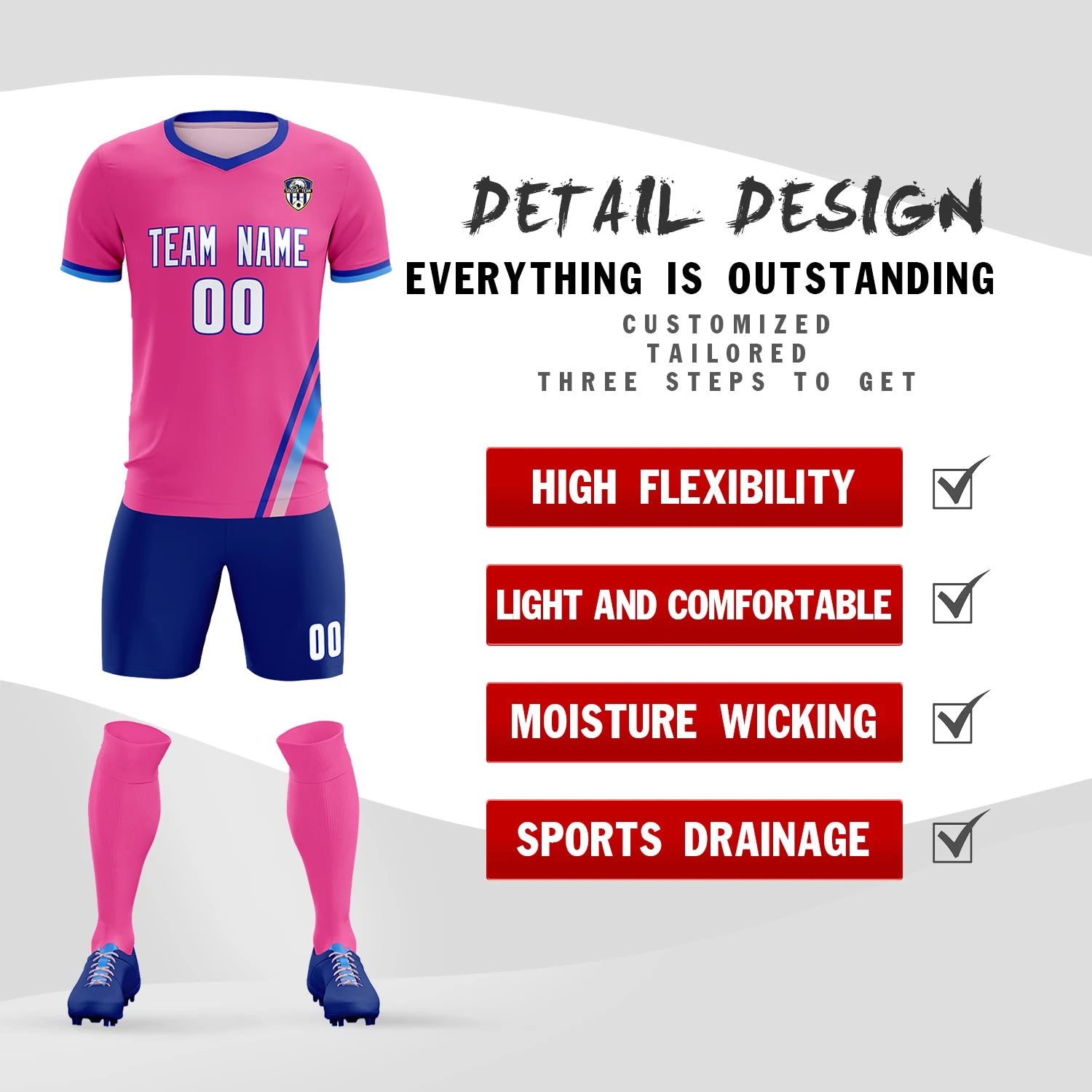Custom Pink Royal Blue-Powder Blue Gradient Fashion Sportswear Soccer Sets Jersey