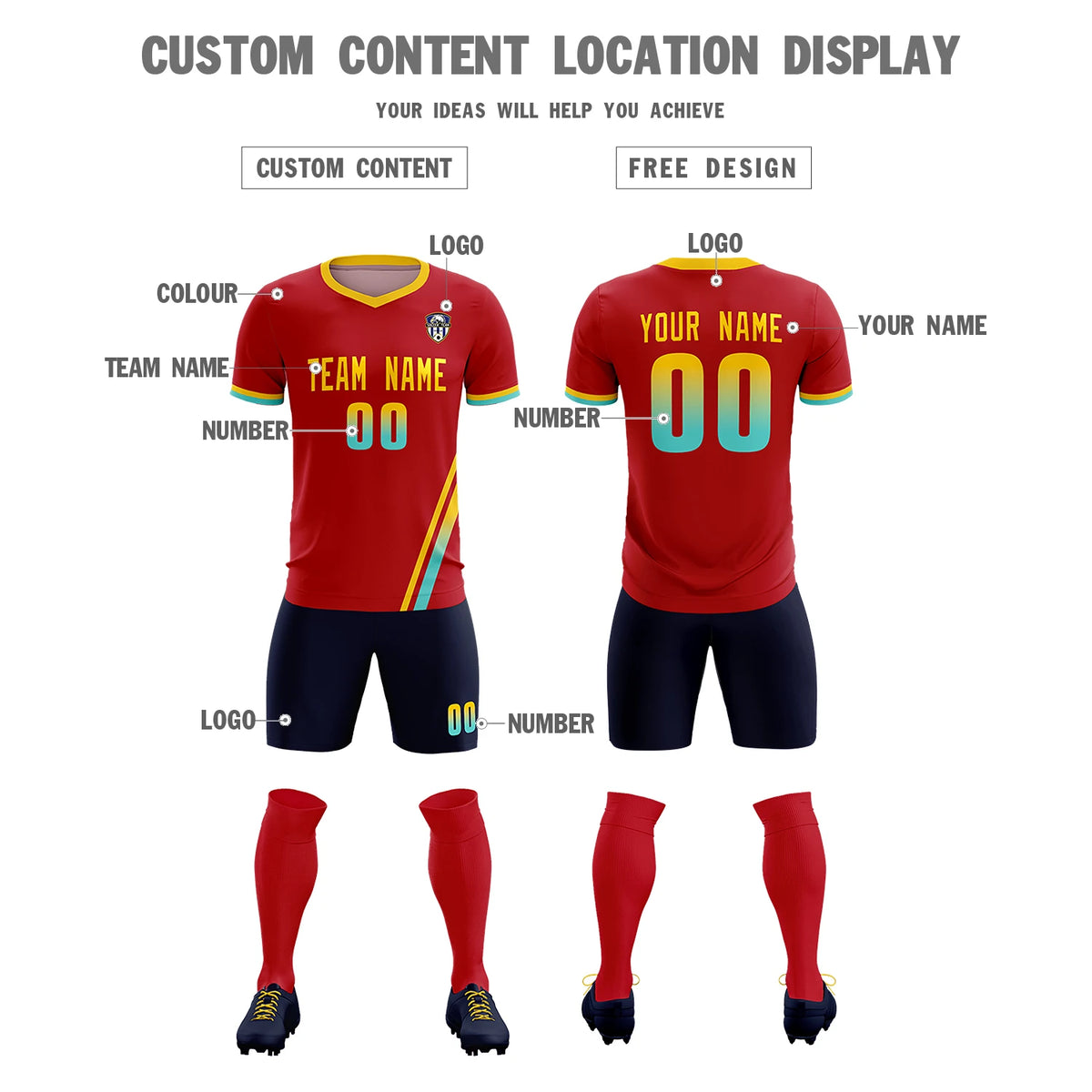 Custom Red Gold01-Aqua Gradient Fashion Sportswear Soccer Sets Jersey