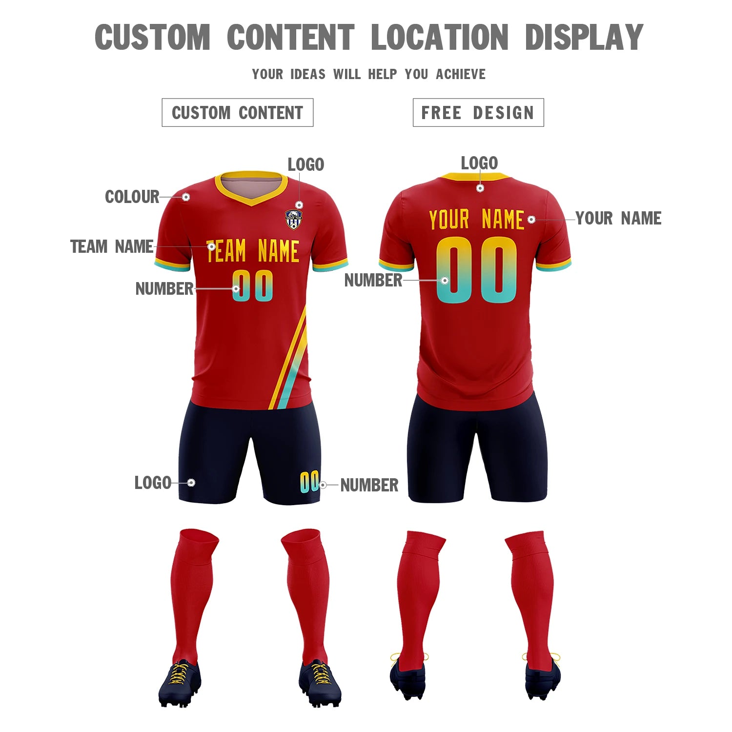 Custom Red Gold01-Aqua Gradient Fashion Sportswear Soccer Sets Jersey