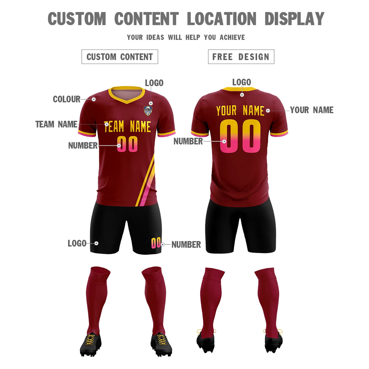 Custom Crimson Gold01-Pink Gradient Fashion Sportswear Soccer Sets Jersey