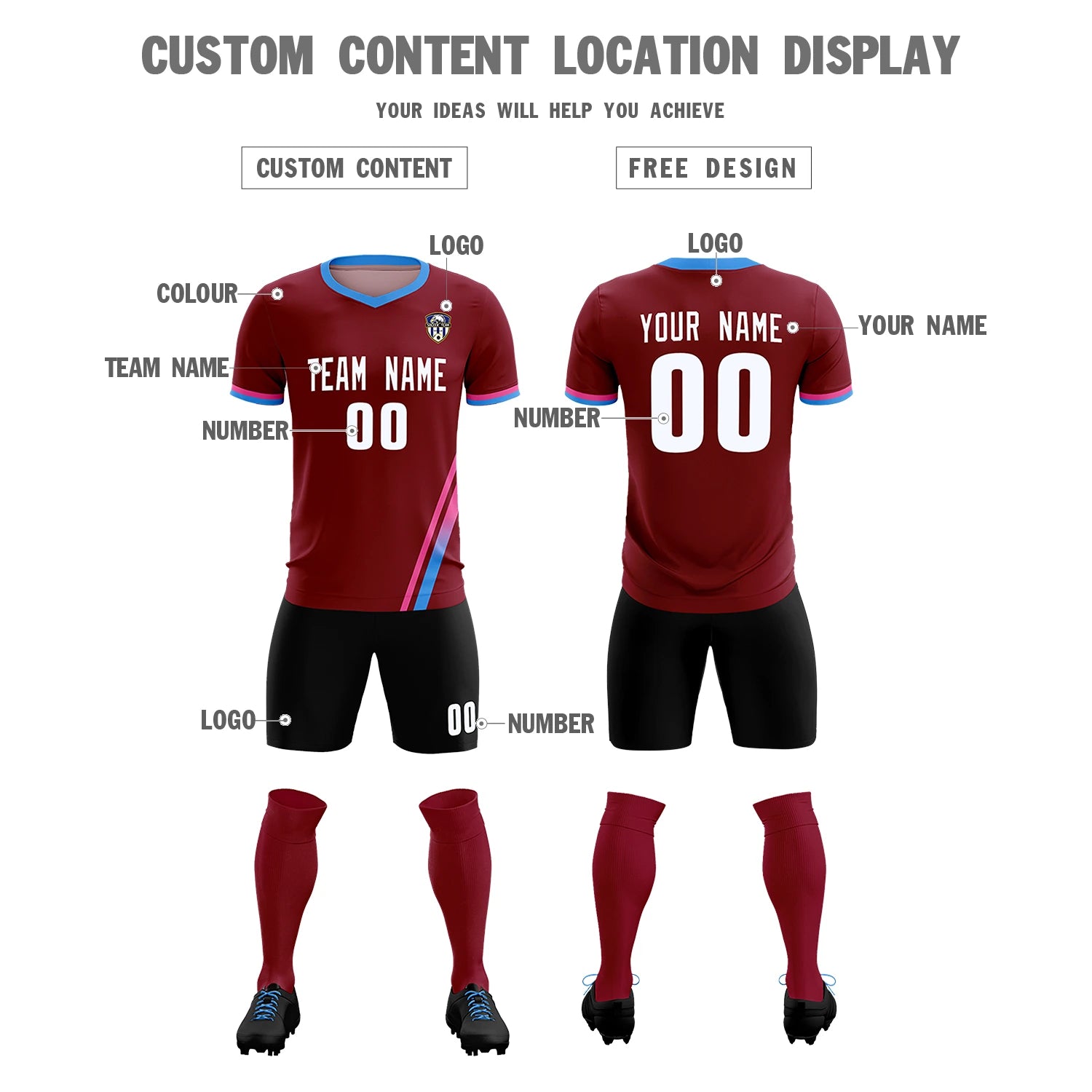 Custom Crimson Pink-Powder Blue Gradient Fashion Sportswear Soccer Sets Jersey