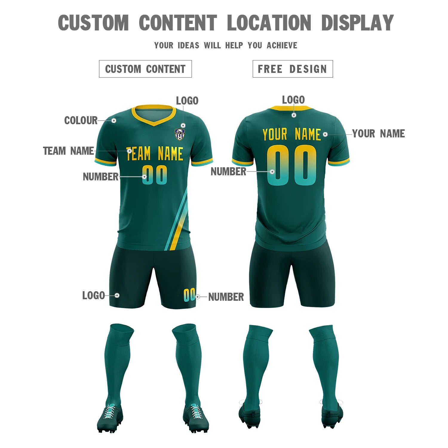 Custom Aqua Bright Green-Gold01 Gradient Fashion Sportswear Soccer Sets Jersey