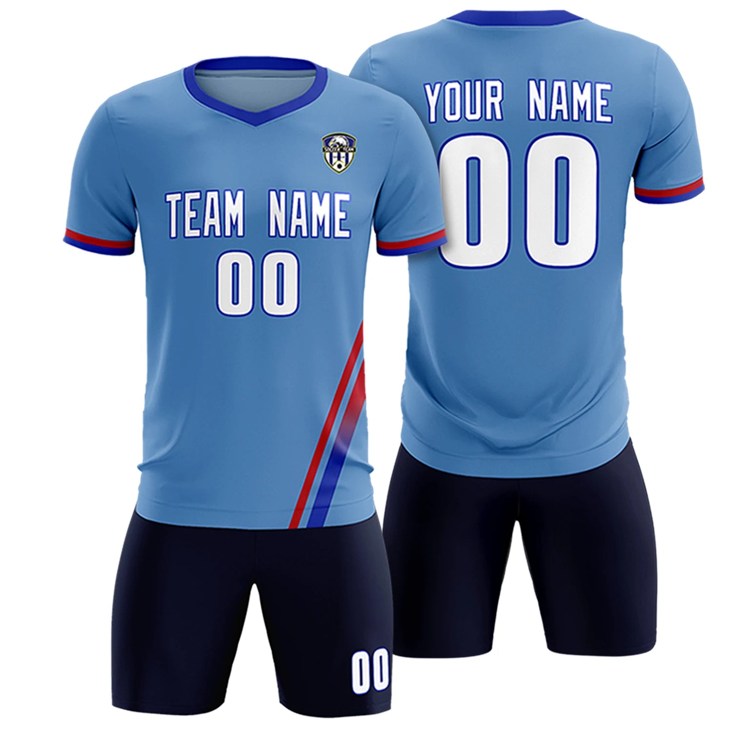 Custom Light Blue Red-Royal Blue Gradient Fashion Sportswear Soccer Sets Jersey