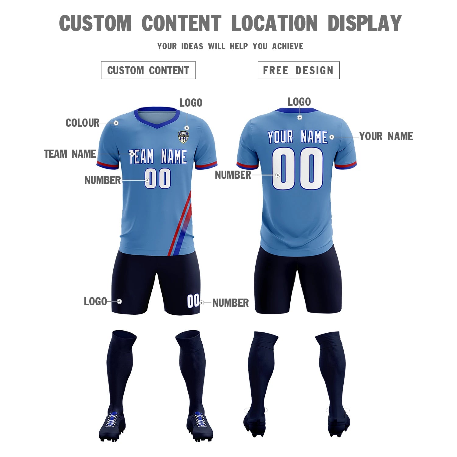 Custom Light Blue Red-Royal Blue Gradient Fashion Sportswear Soccer Sets Jersey