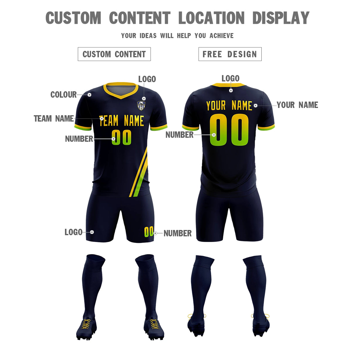Custom Navy Gold01-Neon Green Gradient Fashion Sportswear Soccer Sets Jersey