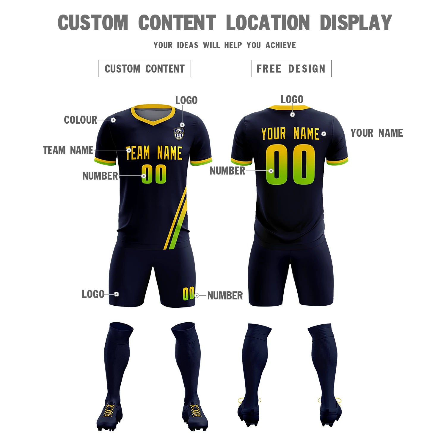 Custom Navy Gold01-Neon Green Gradient Fashion Sportswear Soccer Sets Jersey
