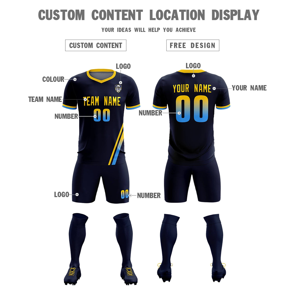 Custom Navy Gold01-Powder Blue Gradient Fashion Sportswear Soccer Sets Jersey