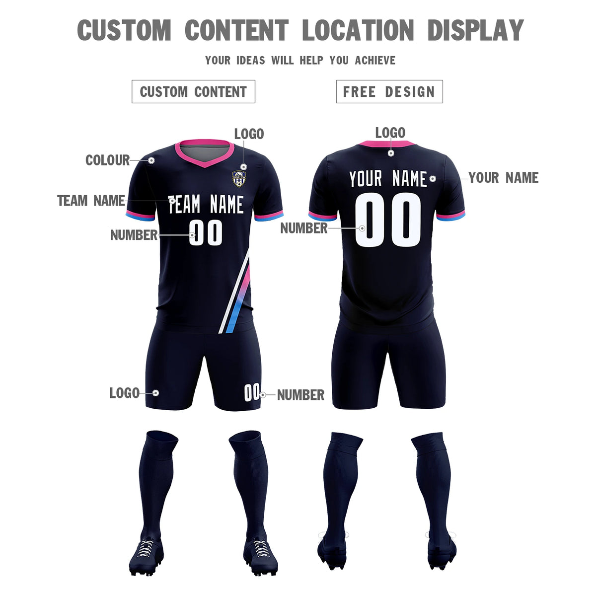 Custom Navy White-Pink Gradient Fashion Sportswear Soccer Sets Jersey