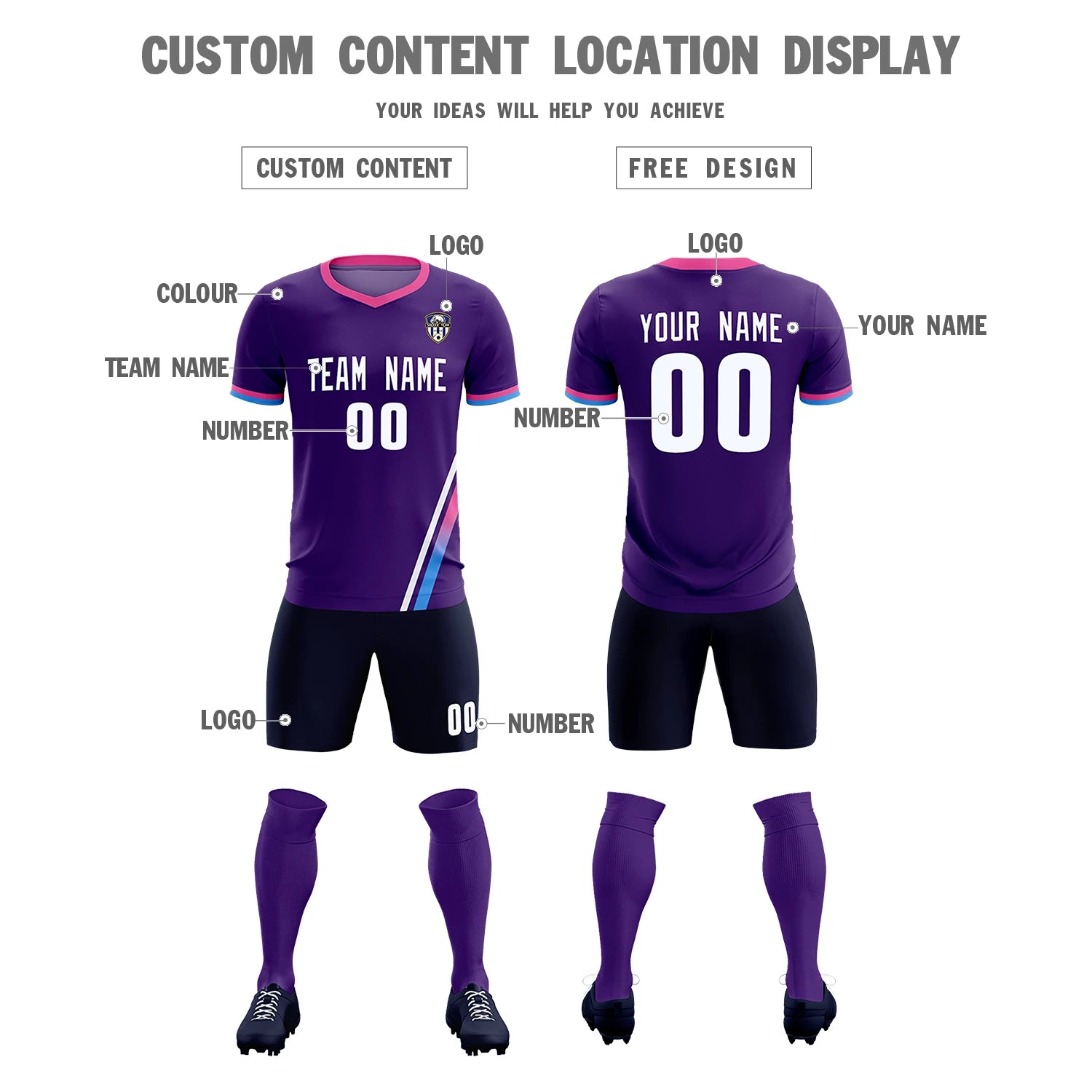 Custom Purple White-Pink Gradient Fashion Sportswear Soccer Sets Jersey