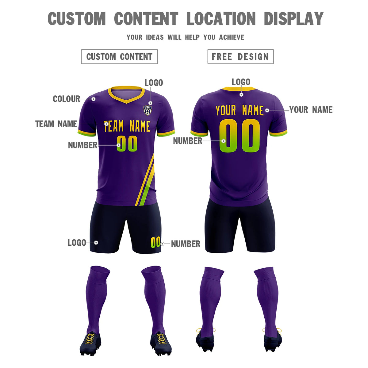 Custom Purple Gold01-Neon Green Gradient Fashion Sportswear Soccer Sets Jersey