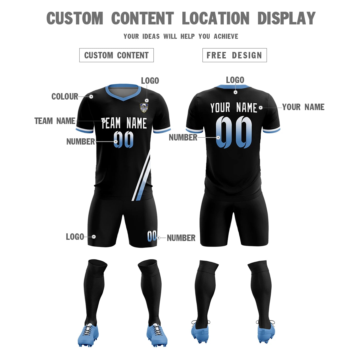 Custom Black White-Light Blue Gradient Fashion Sportswear Soccer Sets Jersey