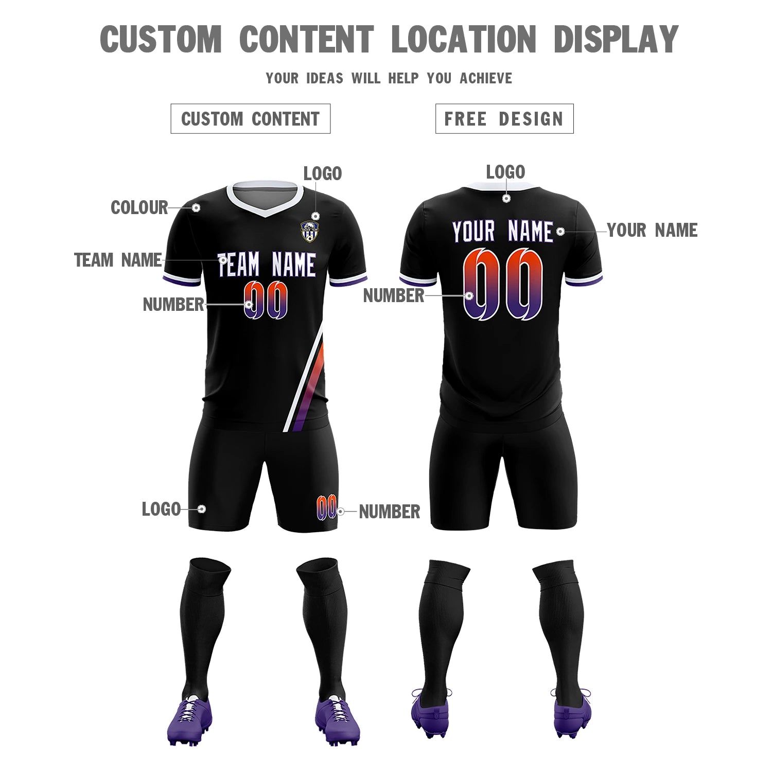 Custom Black White-Orange Gradient Fashion Sportswear Soccer Sets Jersey