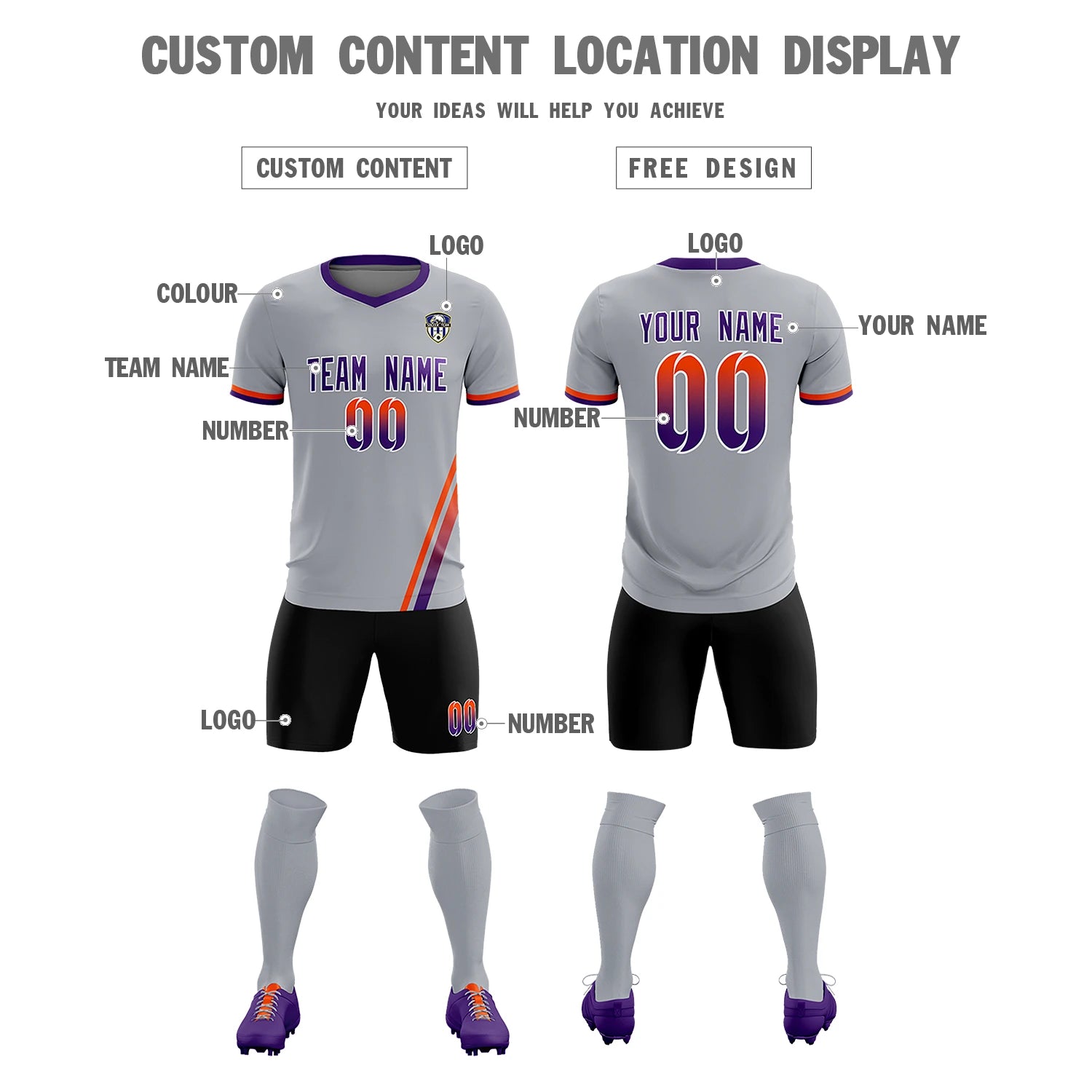 Custom Gray Orange-Purple Gradient Fashion Sportswear Soccer Sets Jersey