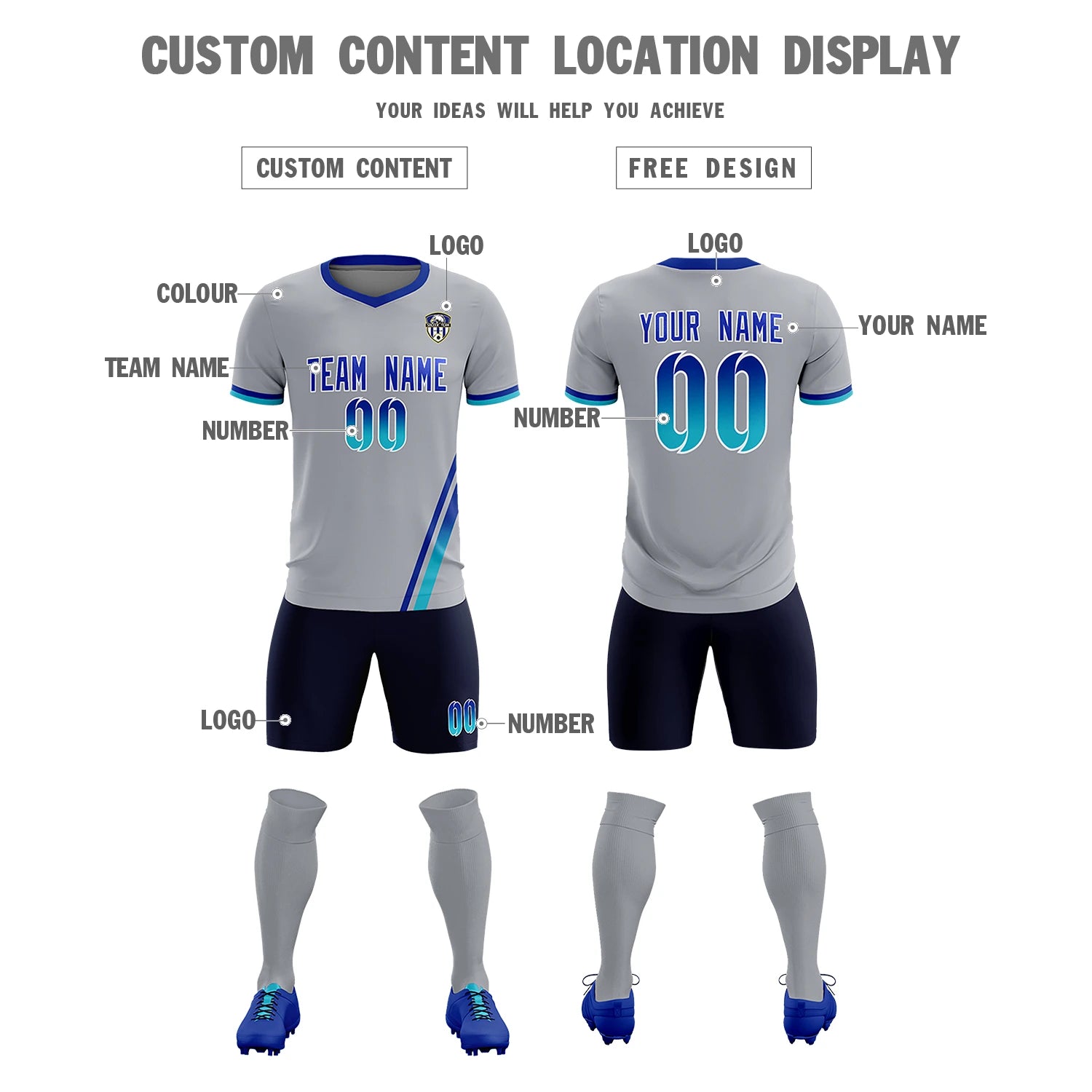 Custom Gray Royal Blue-Sky Blue Gradient Fashion Sportswear Soccer Sets Jersey