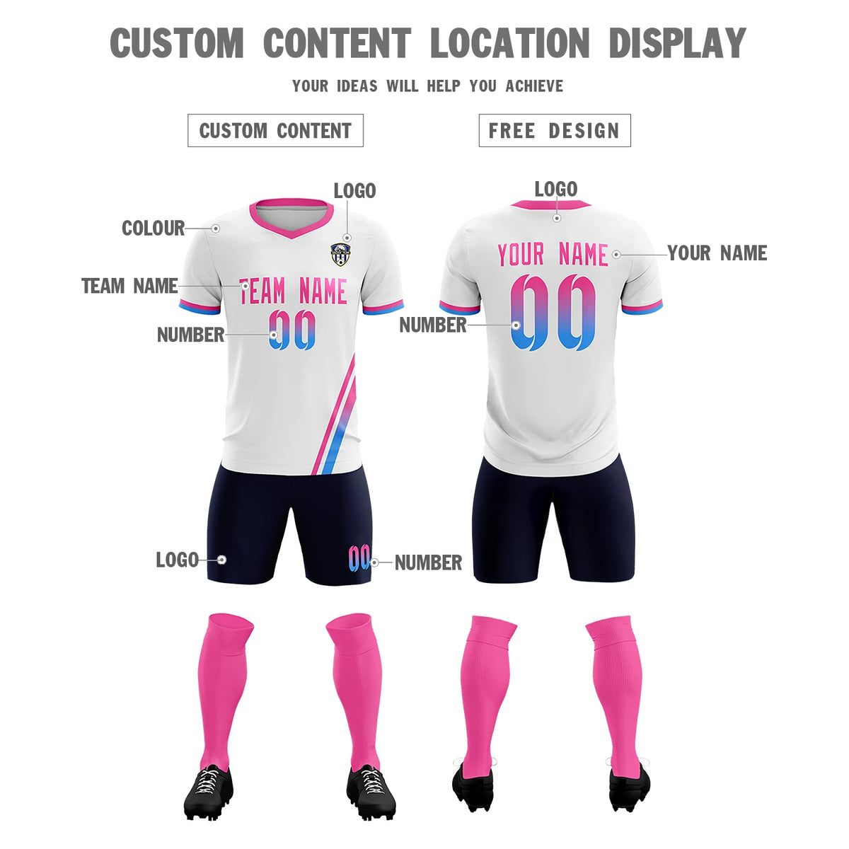 Custom White Pink-Powder Blue Gradient Fashion Sportswear Soccer Sets Jersey
