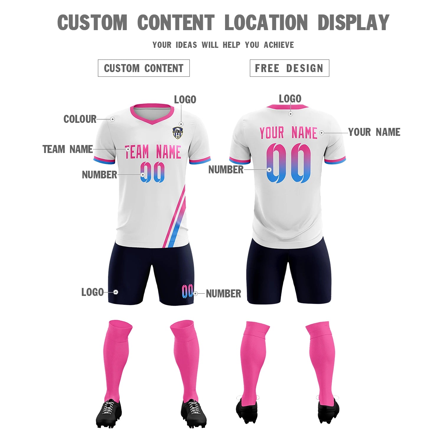 Custom White Pink-Powder Blue Gradient Fashion Sportswear Soccer Sets Jersey