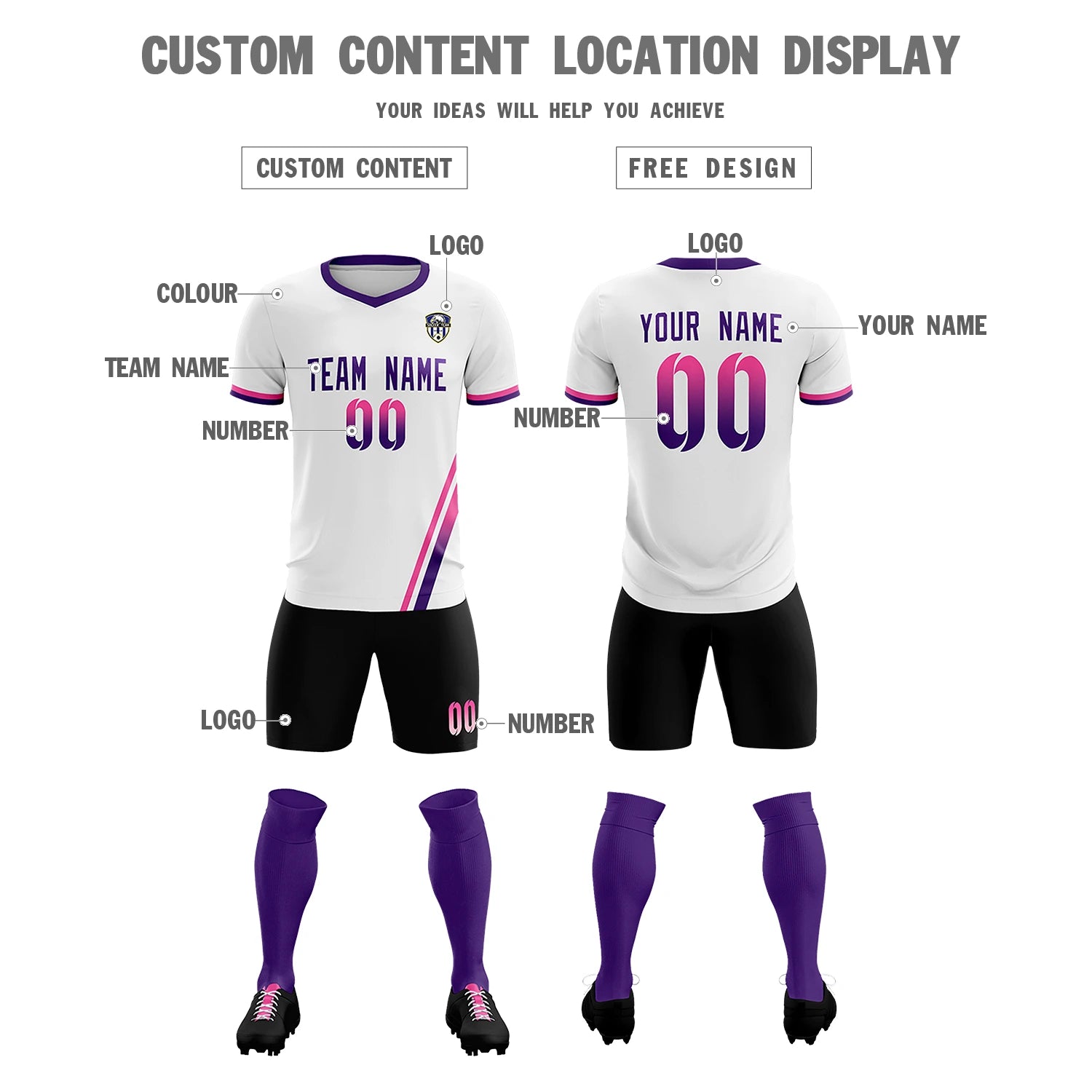 Custom White Pink-Purple Gradient Fashion Sportswear Soccer Sets Jersey