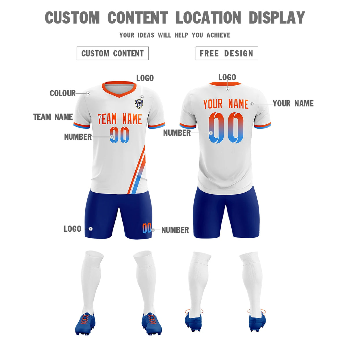 Custom White Orange-Powder Blue Gradient Fashion Sportswear Soccer Sets Jersey