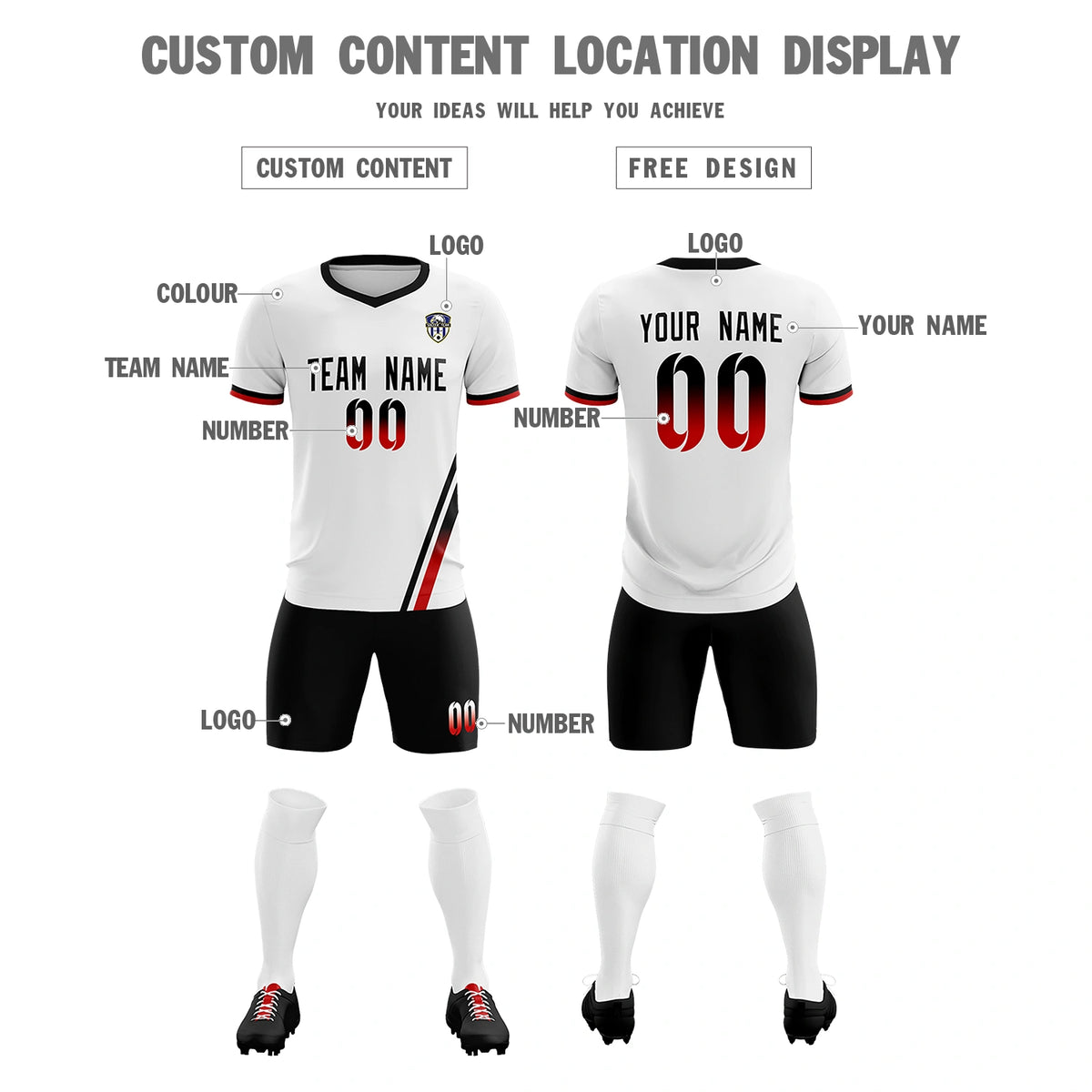 Custom White Black-Red Gradient Fashion Sportswear Soccer Sets Jersey