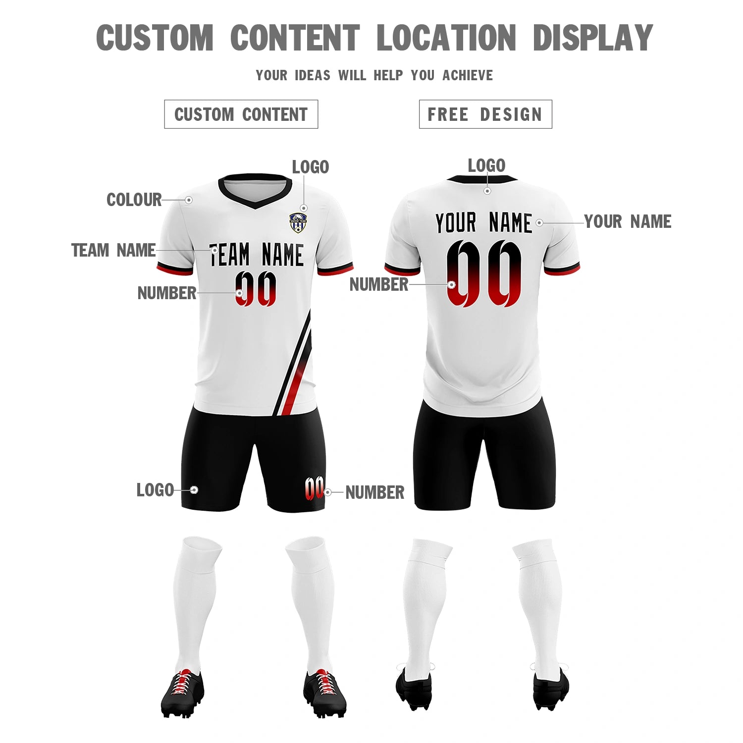Custom White Black-Red Gradient Fashion Sportswear Soccer Sets Jersey