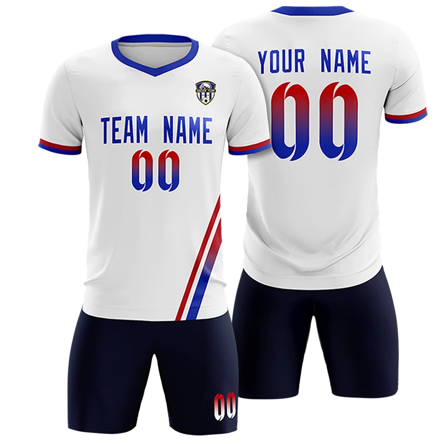 Custom White Red-Royal Blue Gradient Fashion Sportswear Soccer Sets Jersey