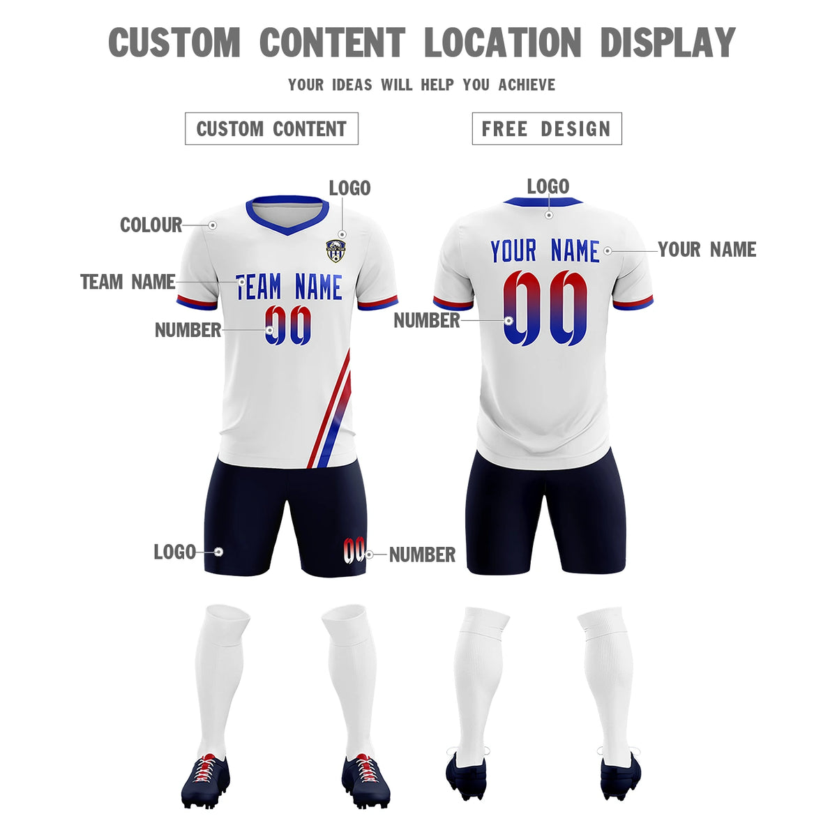 Custom White Red-Royal Blue Gradient Fashion Sportswear Soccer Sets Jersey