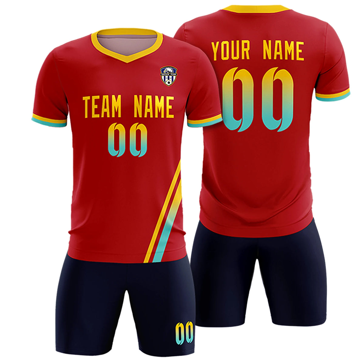 Custom Red Gold01-Aqua Gradient Fashion Sportswear Soccer Sets Jersey