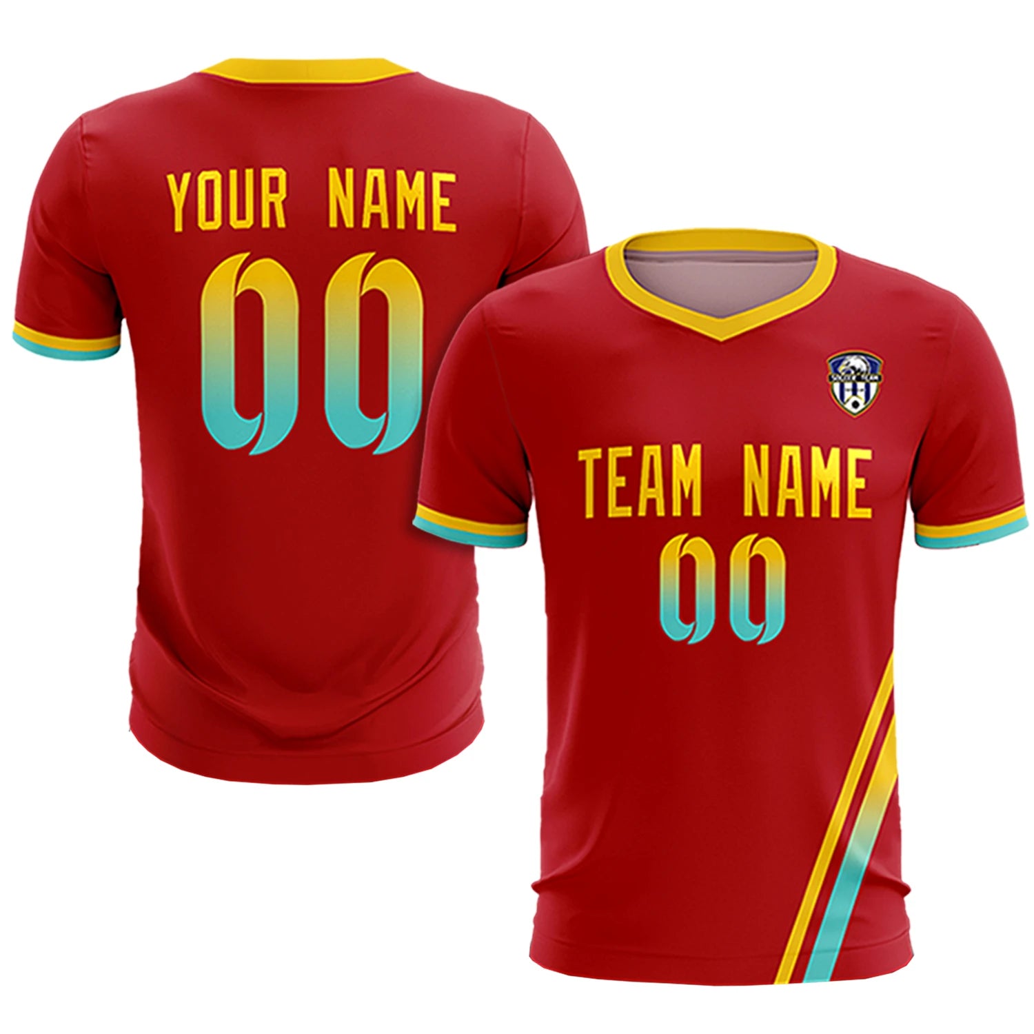 Custom Red Gold01-Aqua Gradient Fashion Sportswear Soccer Sets Jersey