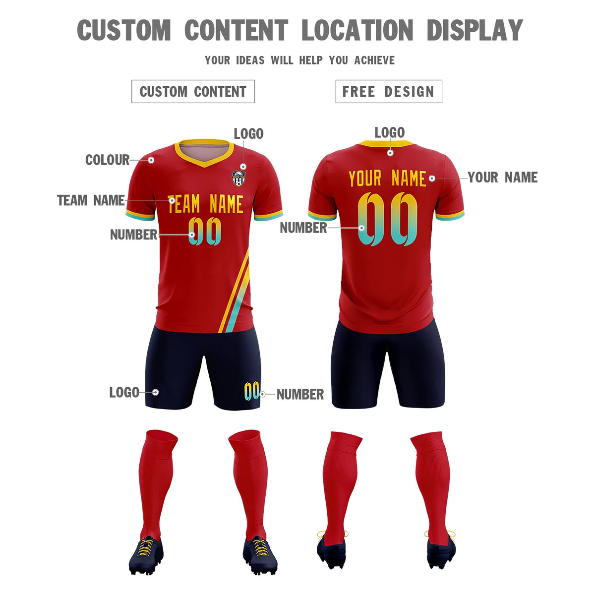 Custom Red Gold01-Aqua Gradient Fashion Sportswear Soccer Sets Jersey
