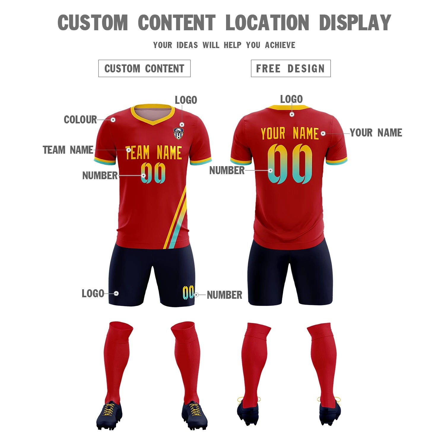Custom Red Gold01-Aqua Gradient Fashion Sportswear Soccer Sets Jersey