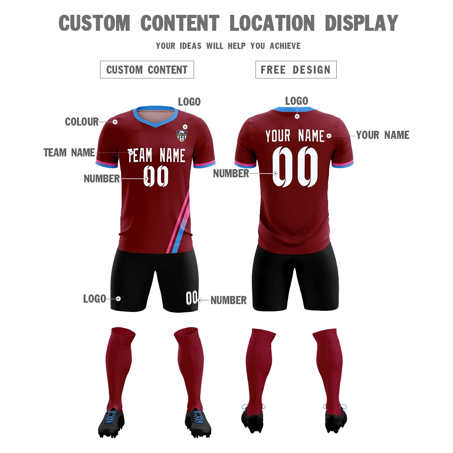 Custom Crimson Pink-Powder Blue Gradient Fashion Sportswear Soccer Sets Jersey