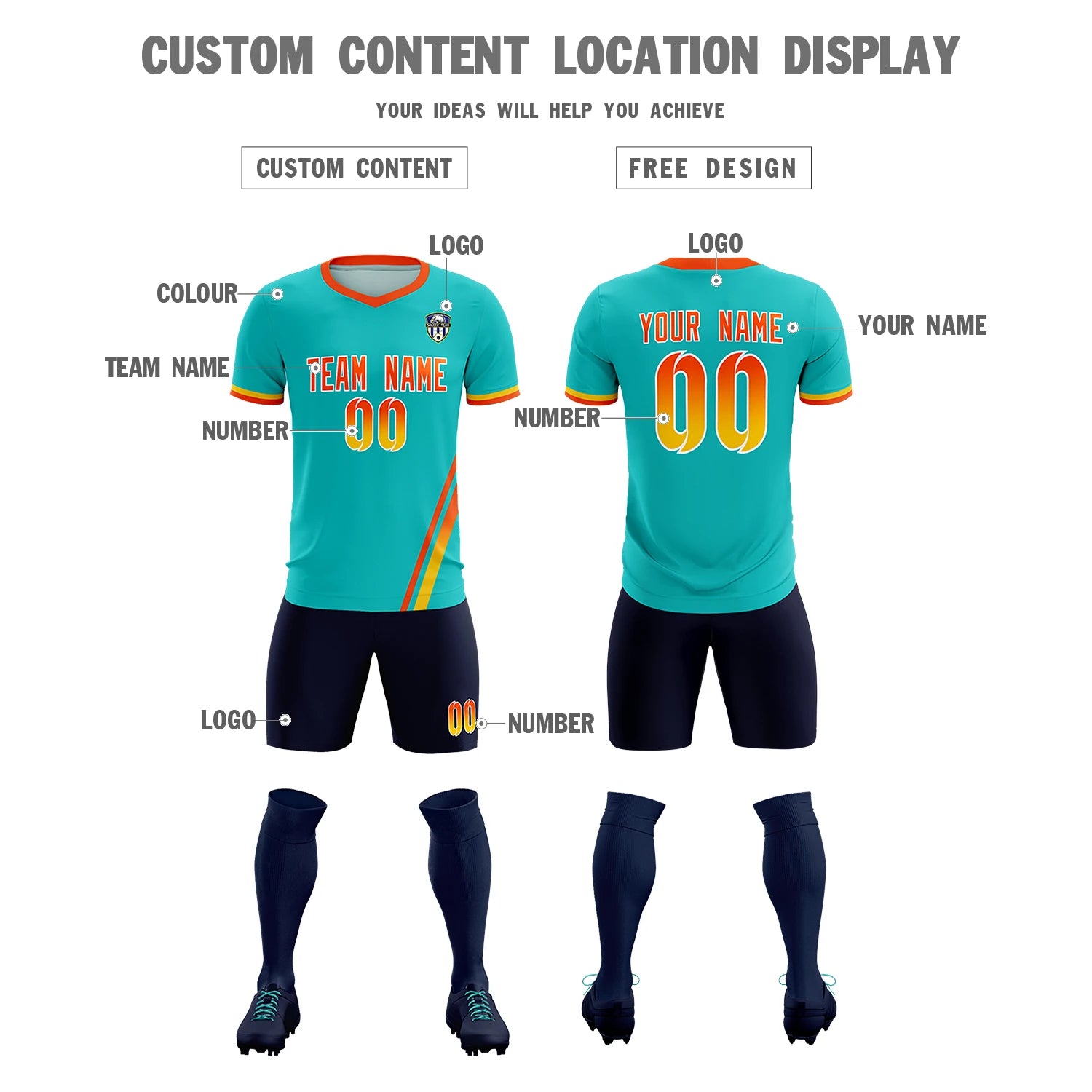 Custom Aqua Orange-Gold01 Gradient Fashion Sportswear Soccer Sets Jersey