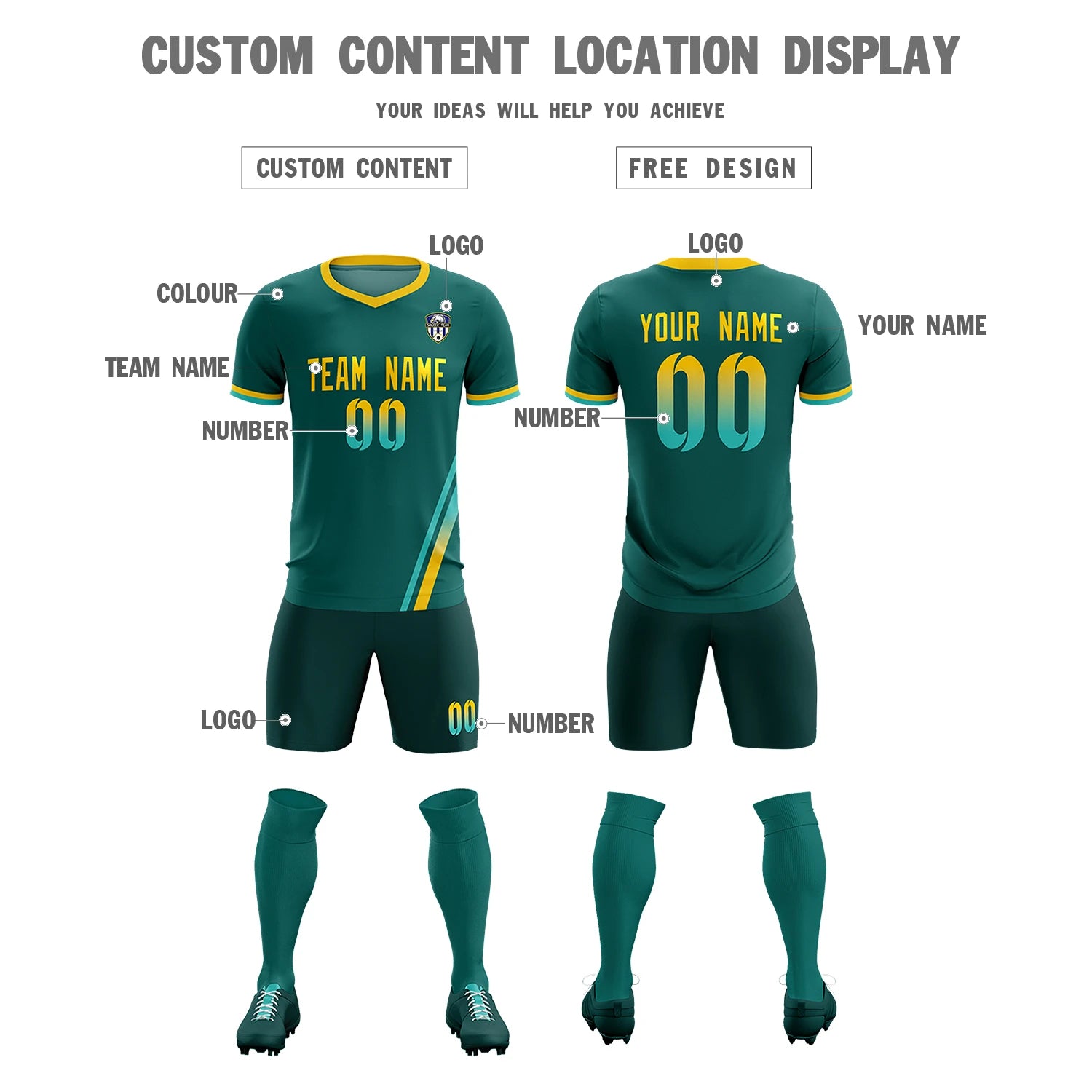 Custom Aqua Bright Green-Gold01 Gradient Fashion Sportswear Soccer Sets Jersey