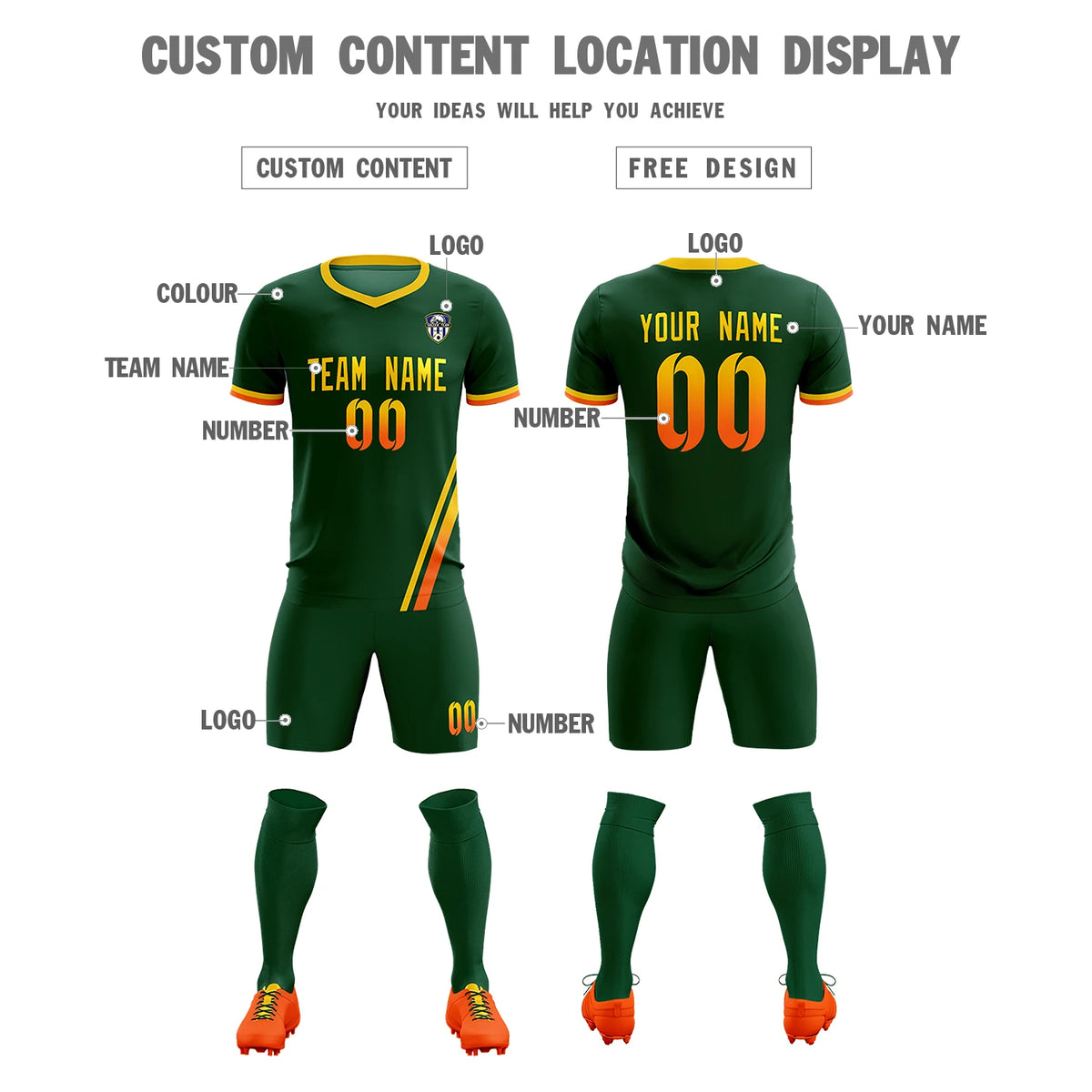 Custom Green Gold01-Orange Gradient Fashion Sportswear Soccer Sets Jersey