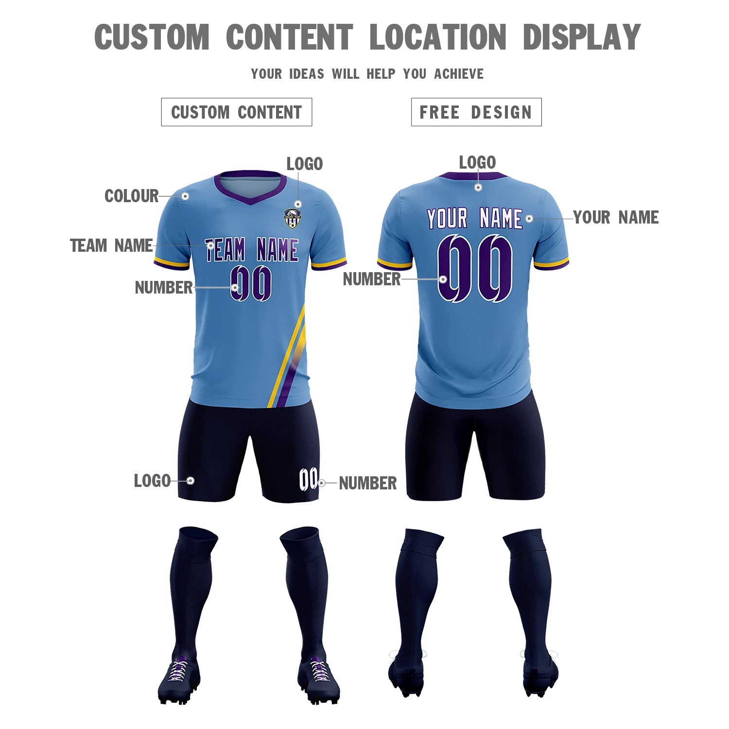 Custom Light Blue Gold01-Purple Gradient Fashion Sportswear Soccer Sets Jersey