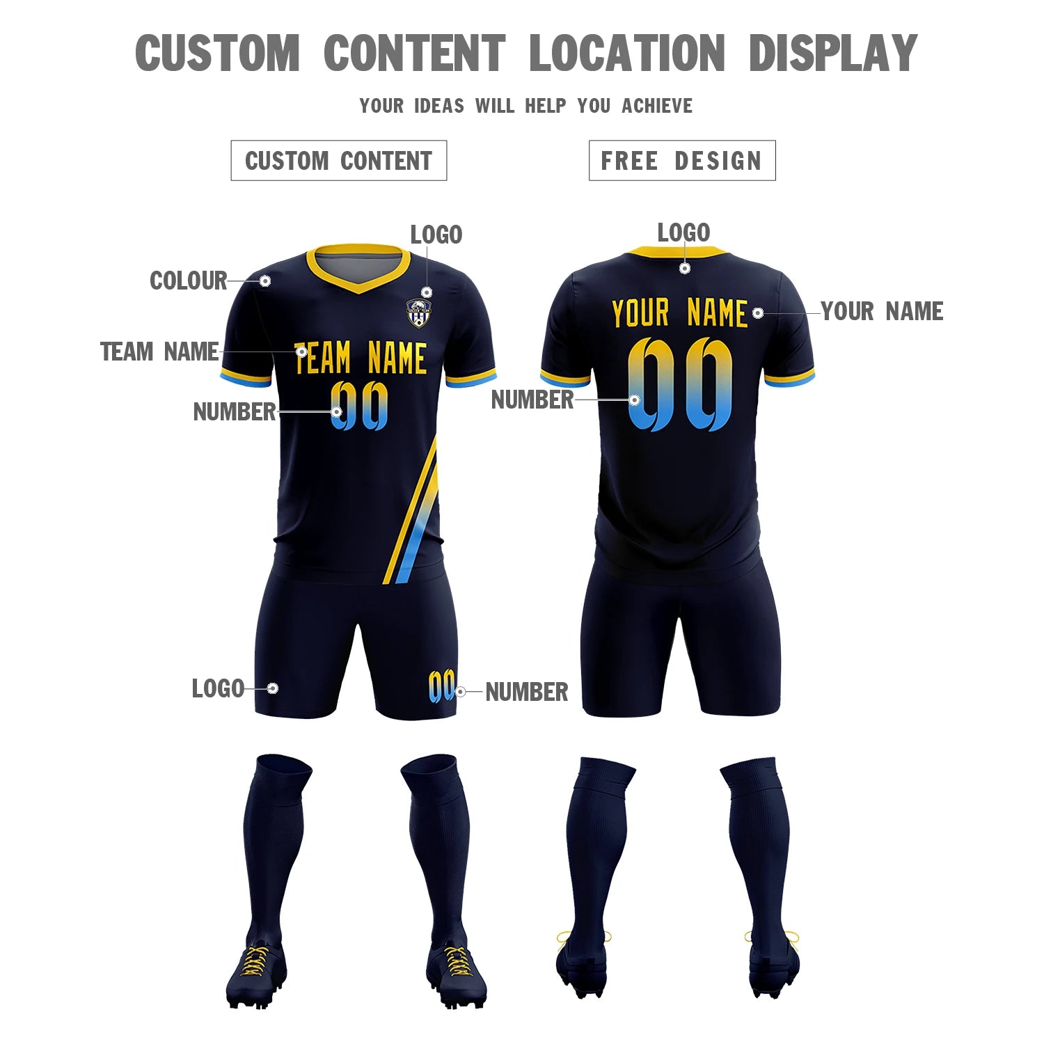 Custom Navy Gold01-Powder Blue Gradient Fashion Sportswear Soccer Sets Jersey