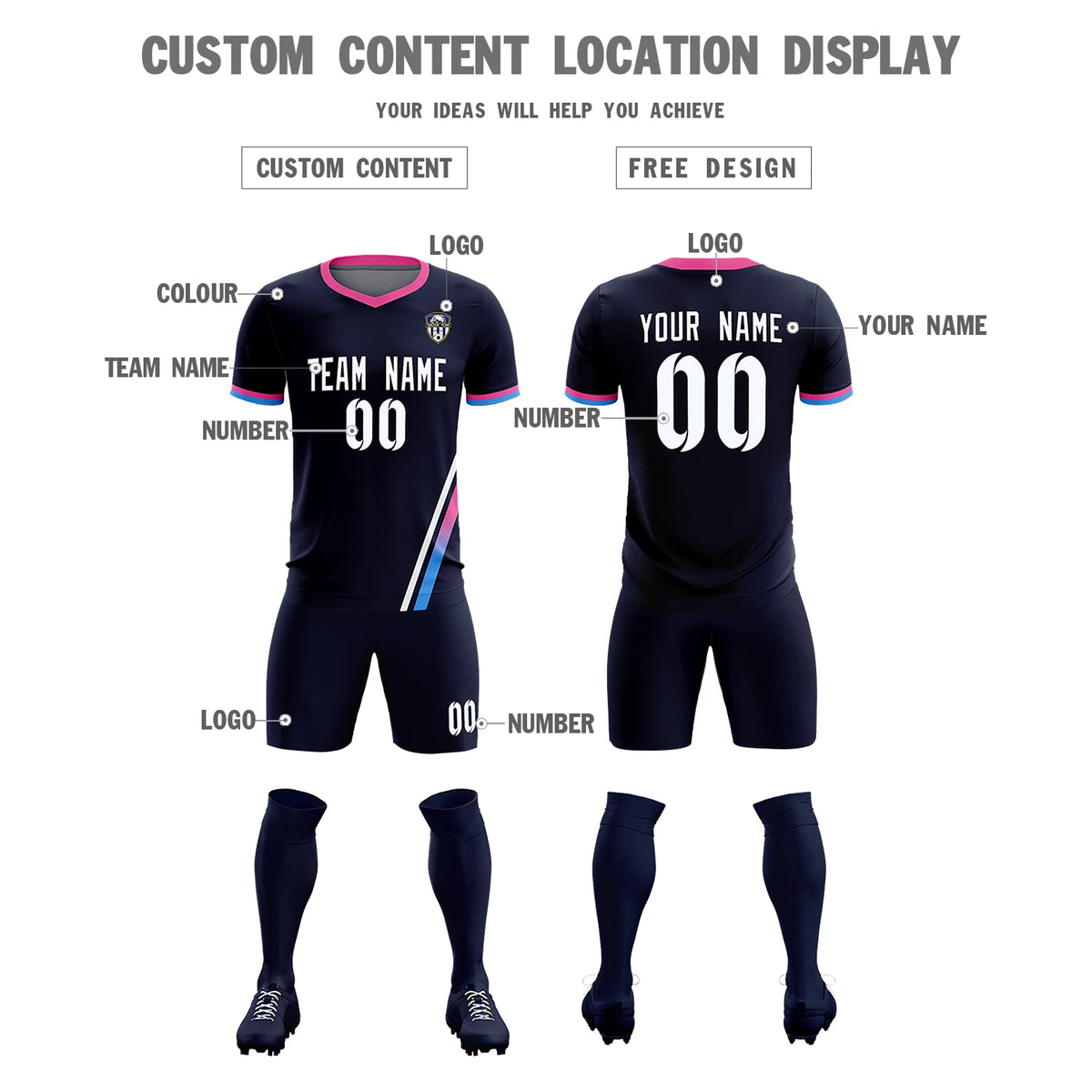 Custom Navy White-Pink Gradient Fashion Sportswear Soccer Sets Jersey