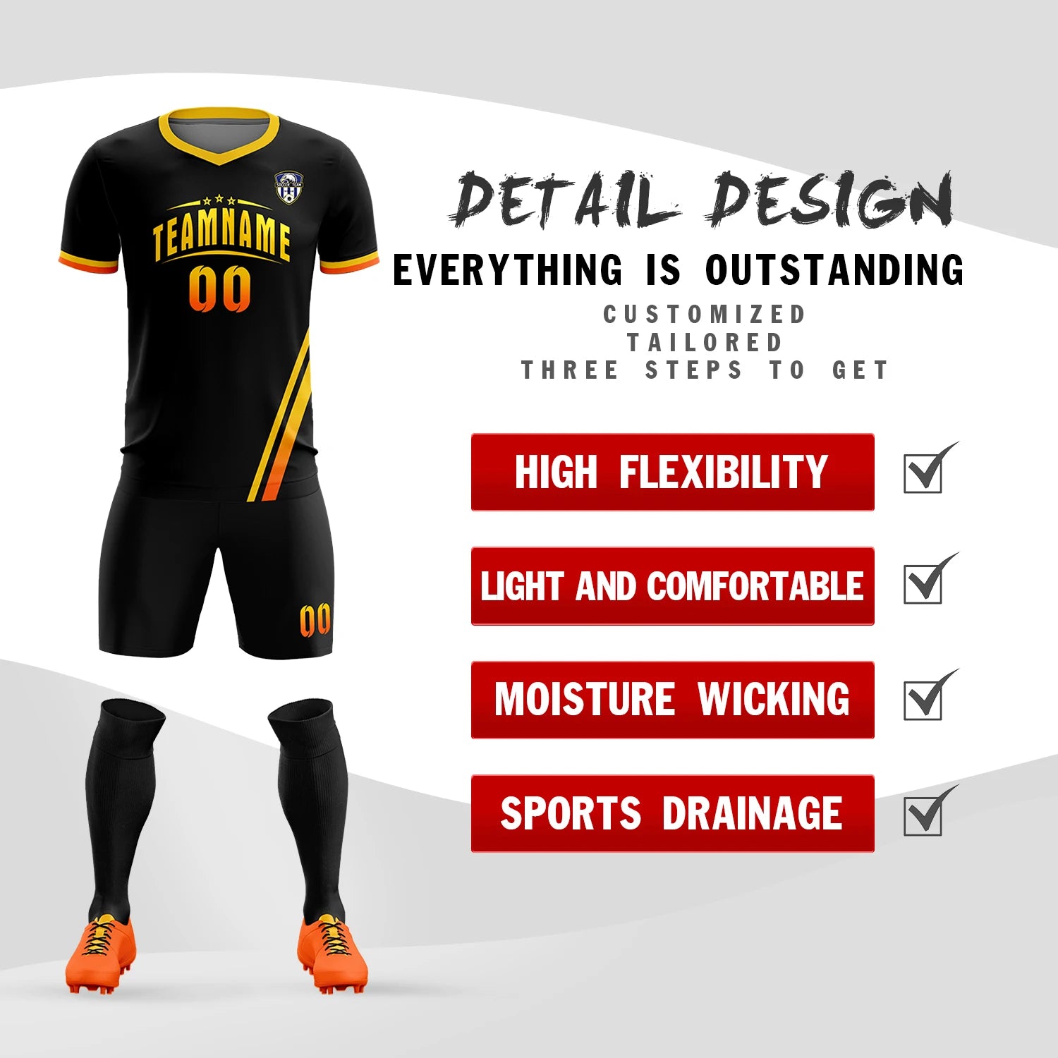 Custom Black Gold01-Orange Gradient Fashion Sportswear Soccer Sets Jersey