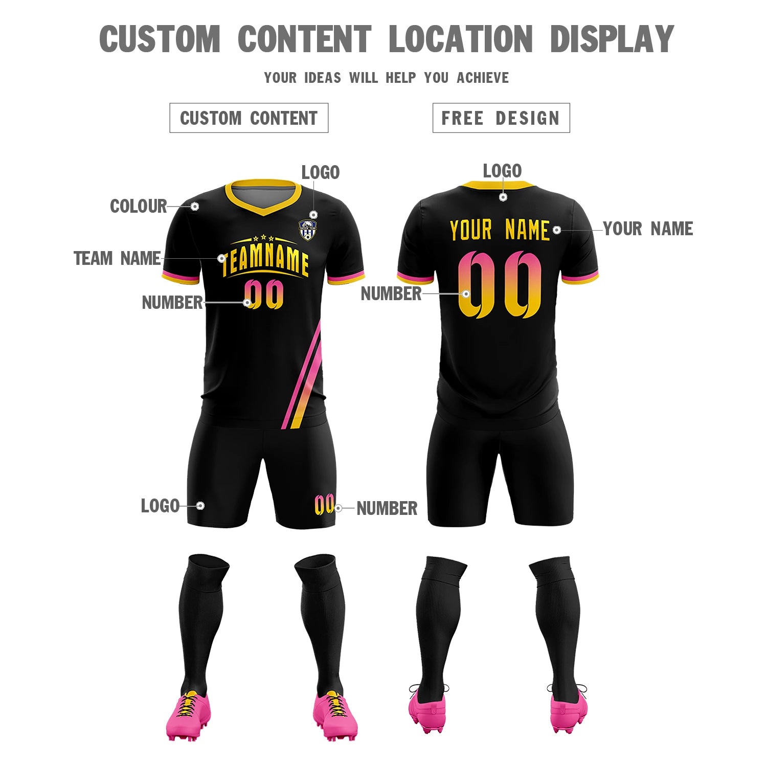 Custom Black Pink-Gold01 Gradient Fashion Sportswear Soccer Sets Jersey