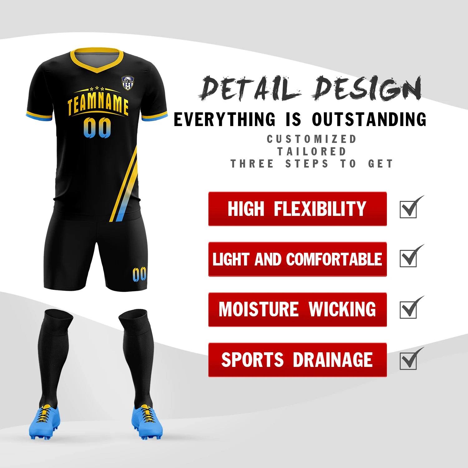 Custom Black Gold01-Powder Blue Gradient Fashion Sportswear Soccer Sets Jersey